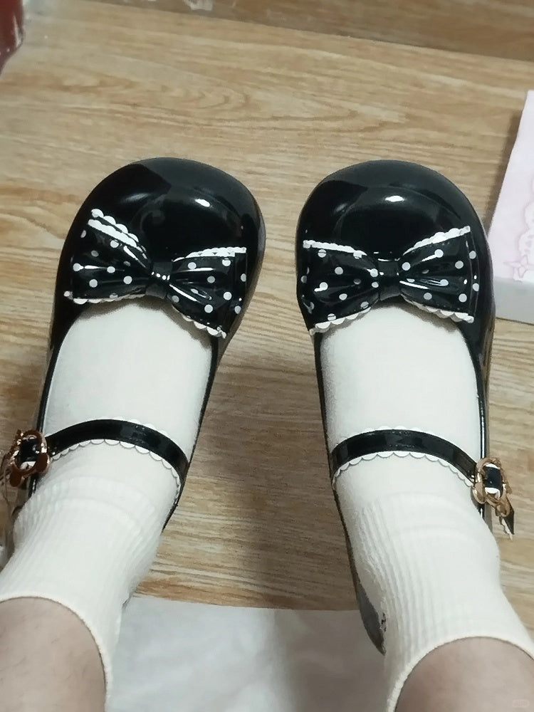 with Bear Round Low-heel Pattern Black and Toe Adorable Dot Clasp Bow in PU Shoes