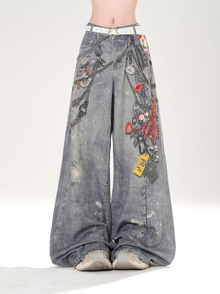 Blaue Jeans mit weitem Bein und niedrigem Aufdruck, Taillen-Sprühfarbenketten