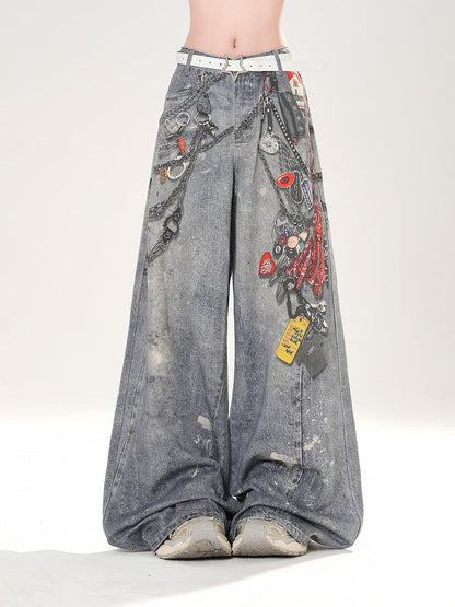 Blaue Jeans mit weitem Bein und niedrigem Aufdruck, Taillen-Sprühfarbenketten