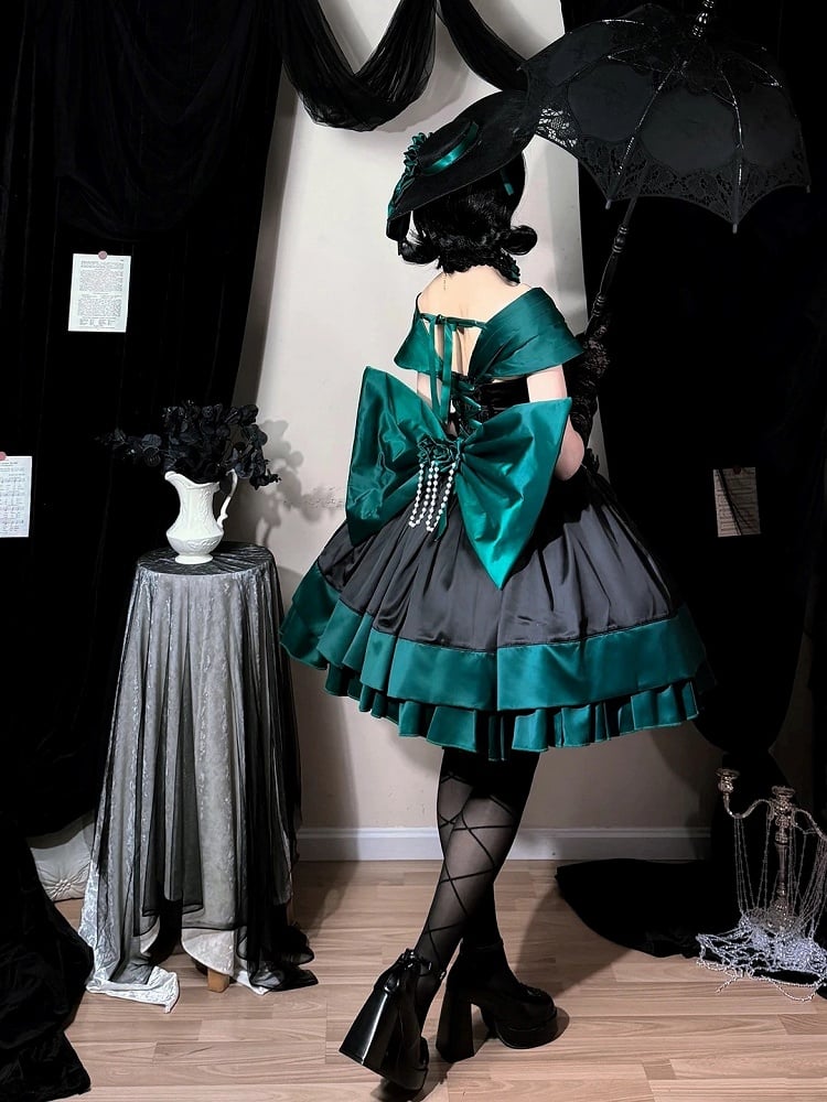 Green Black Off-Shoulder Boned Lolita Gown - Treasure Box Factory