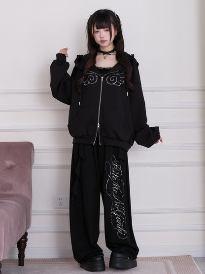 Black Straight-Leg Pants with Rhinestone Embellishment - No Genki