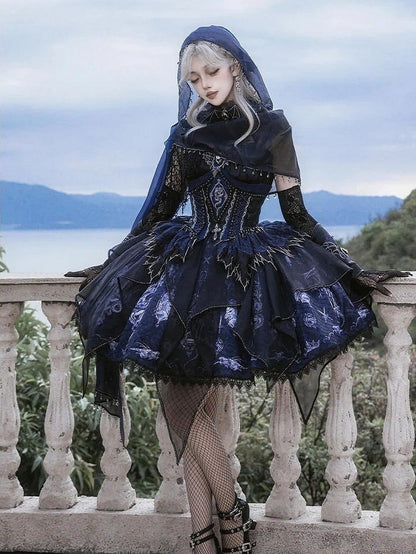 Black & Blue Bone Dragon Embroidery Halter Neck Gothic Lolita Dress Set - Ying Luo Fu