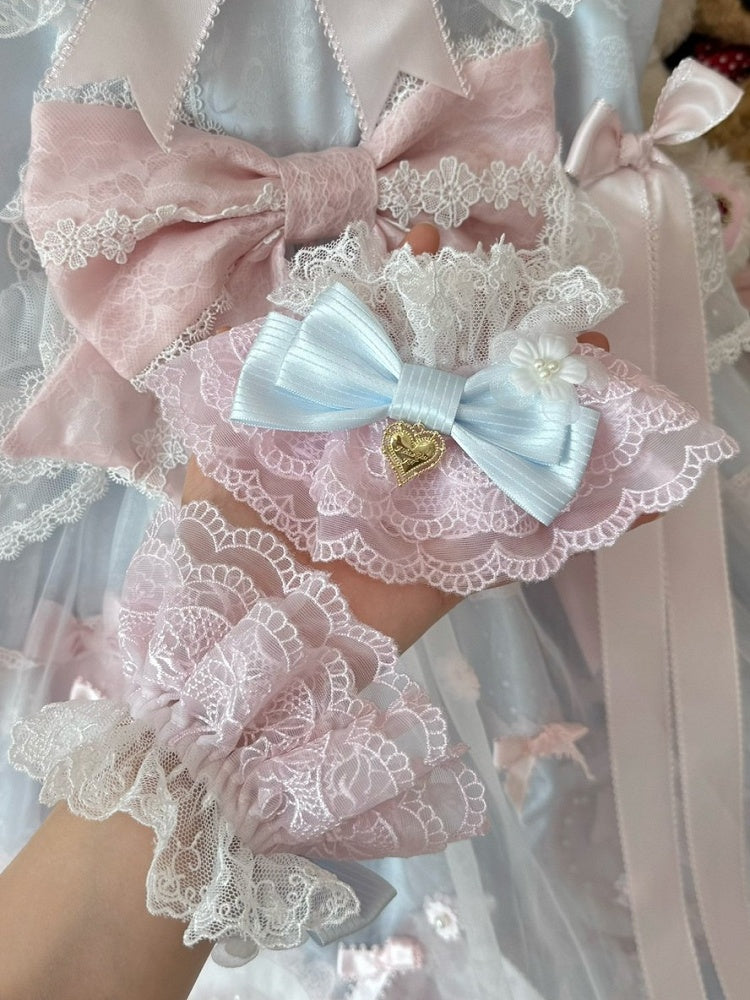 Pattern Floral Cuffs Wrist Striped Design Bowknot Decorated Pink/PinkBlue Heart