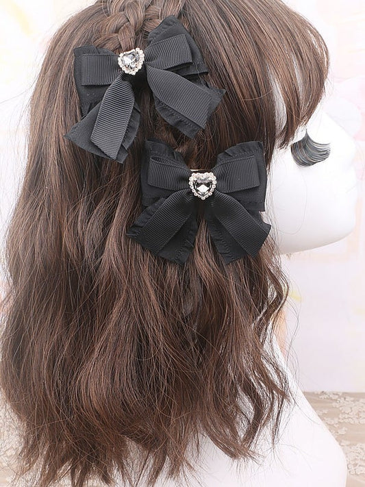 Rhinestone Jirai Hairclip / Heart Black Bowknot Pink Kei