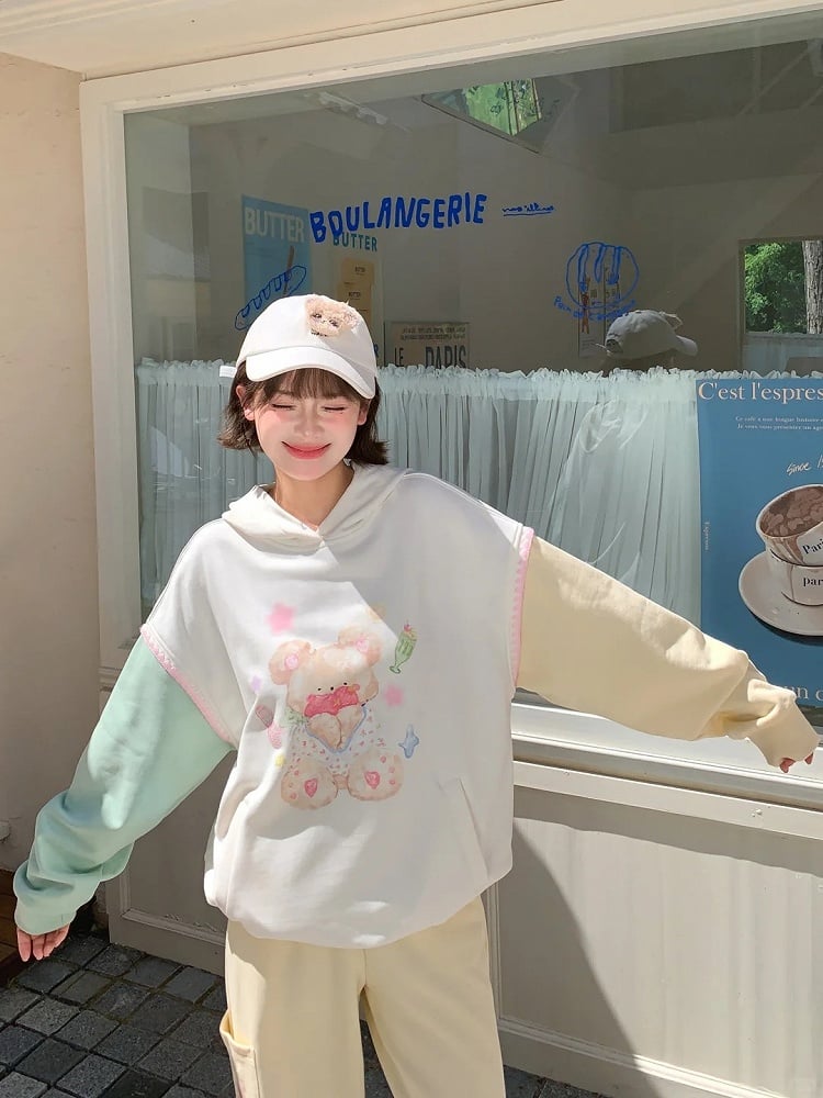 Herbst und Saum Grün Gelb Colorblock Design Teddybär Print Kordelzug Hoodie