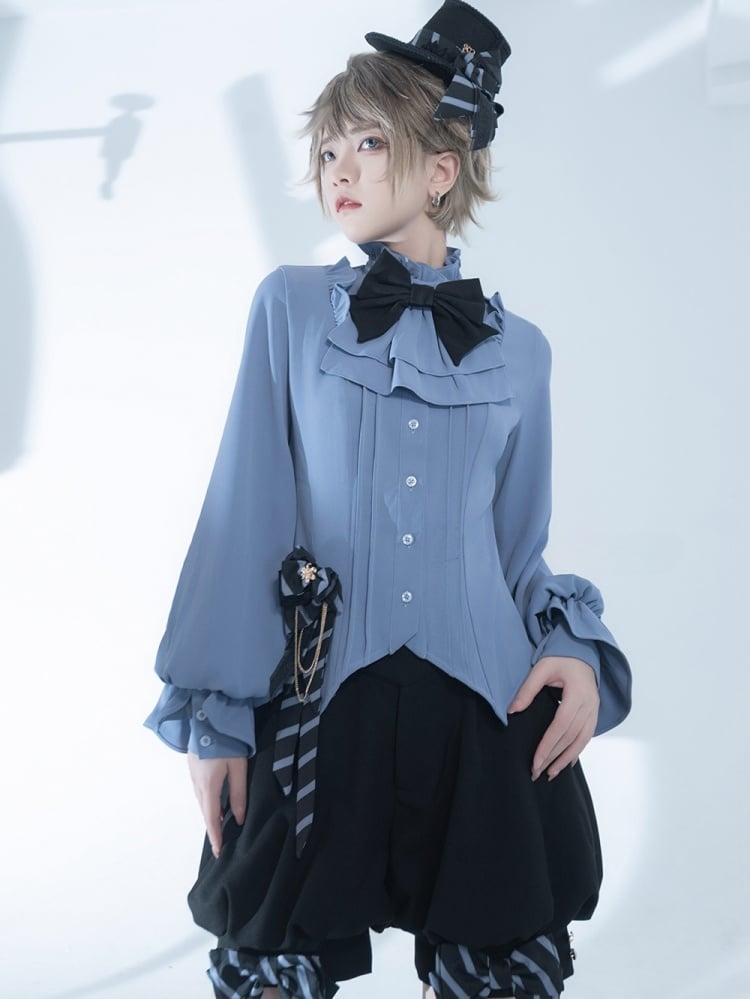 Blaues Ouji Lolita Fashion Jabot-Kragen-Hemd im Prince-Stil