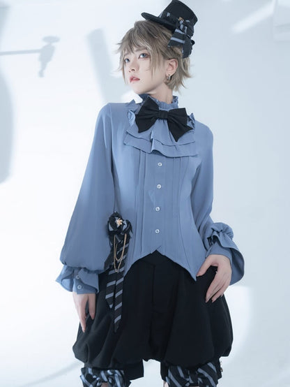 Blaues Ouji Lolita Fashion Jabot-Kragen-Hemd im Prince-Stil