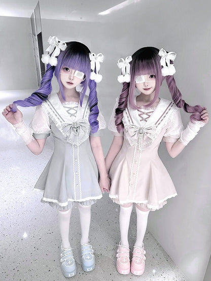 Set aus rosa/hellblauen Shorts mit Schleife hinten, Matrosenkragen, selbstbindendem Minikleid + gerüschtem hellem Saum, Jirai Kei