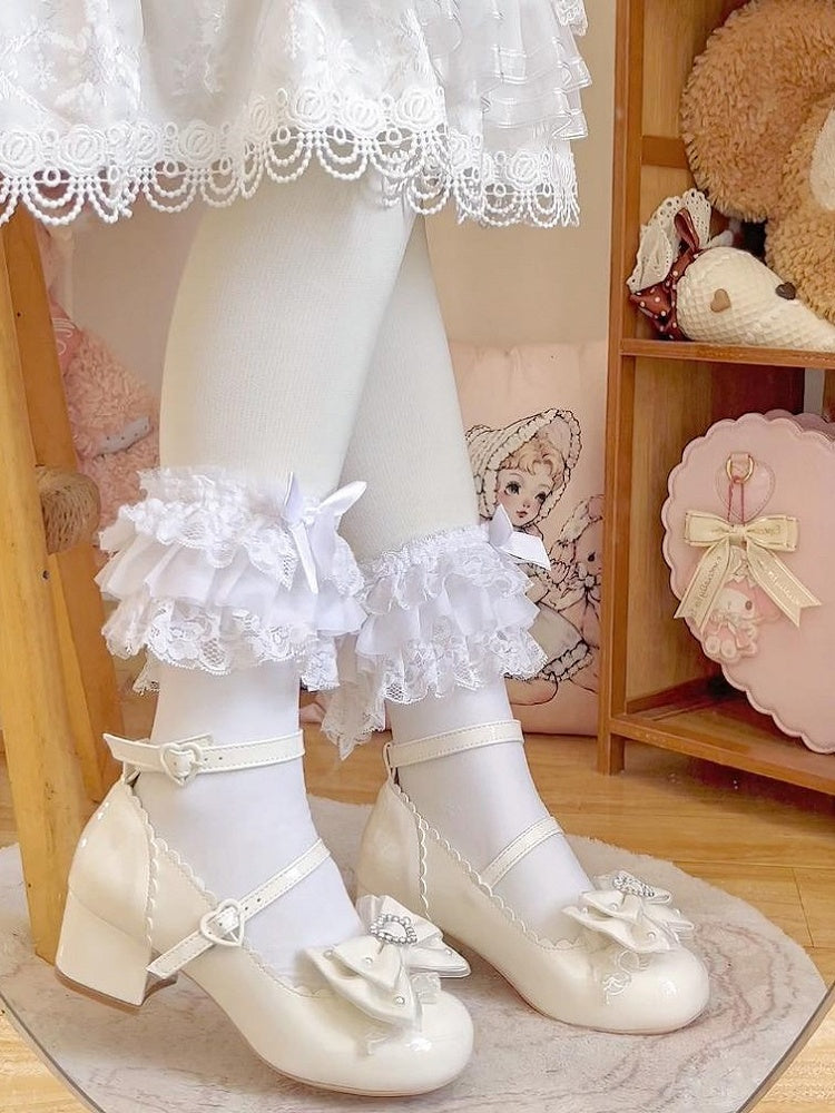 Scalloped Decor Off-white Closure with Mid-heel Shoes Trim，Beads Elegant Snap Bow Heart Lolita
