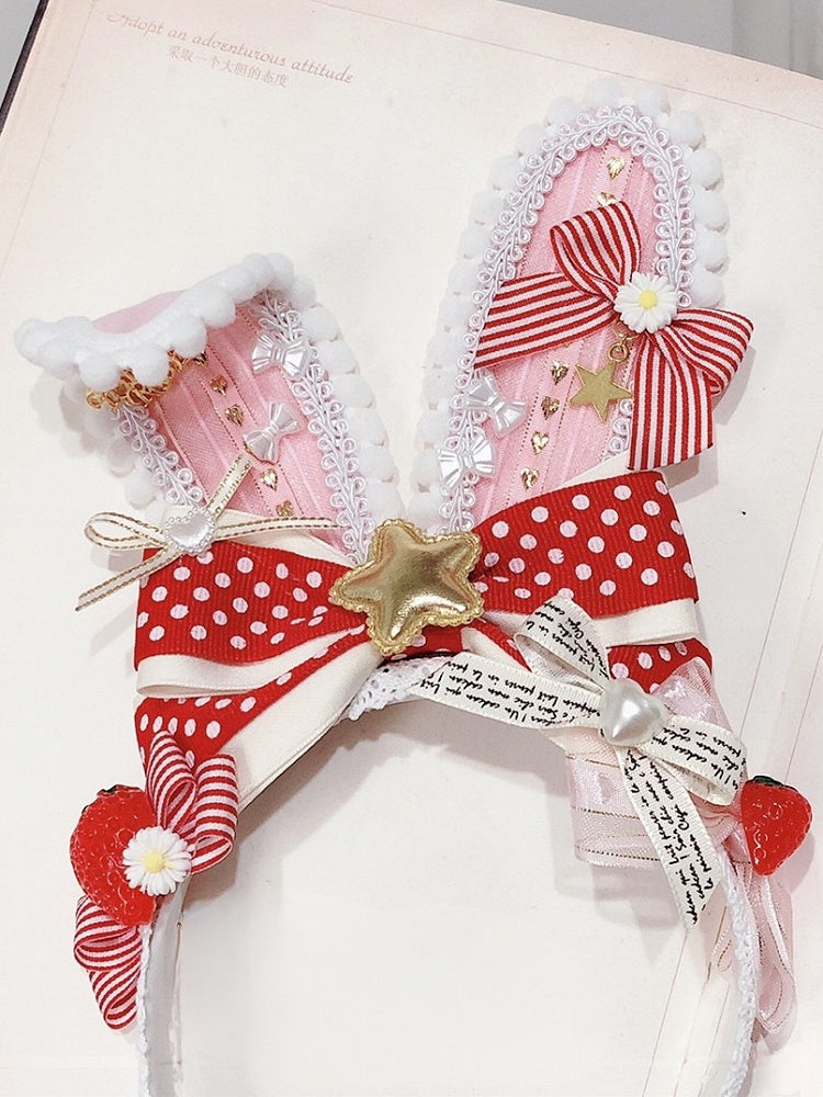RedPink And Details Strawberry Star Bunny Sweet Ears KC Decorated Bowknot Lolita