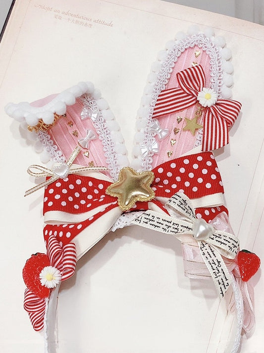 RedPink And Details Strawberry Star Bunny Sweet Ears KC Decorated Bowknot Lolita