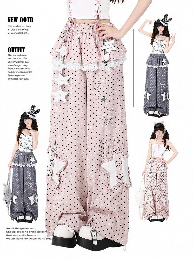 Sweet Cool Style Pink Polka Dot Straight Leg Pants with Skirt Overlay & Star Patches - CRAZY GIRL