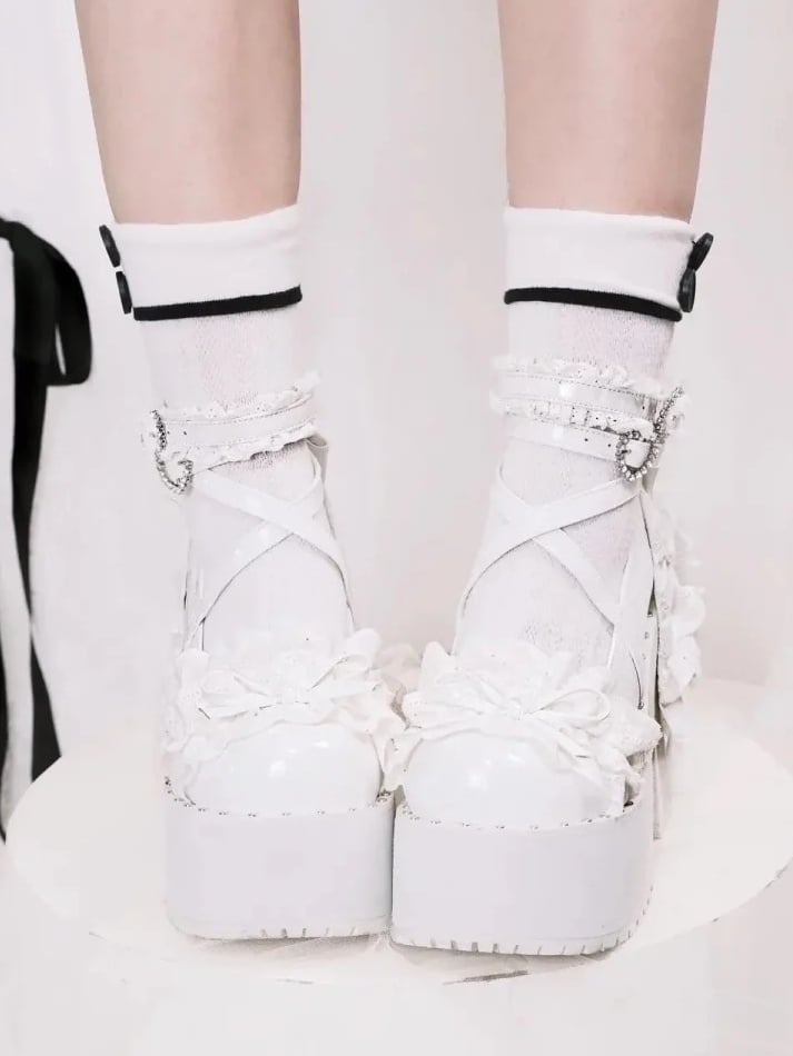 Leather High Gothic Detail PU Heels Block Bow Knotted with White