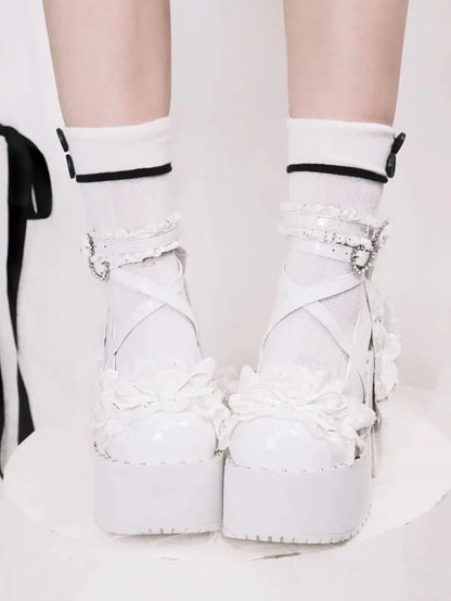Leather PU Detail White Gothic Block with Bow High Knotted Heels