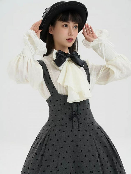 White Corset Juliette Classic with Shirt Sleeves Jabot Skirt Dot Polka Lolita Fishbone + Set