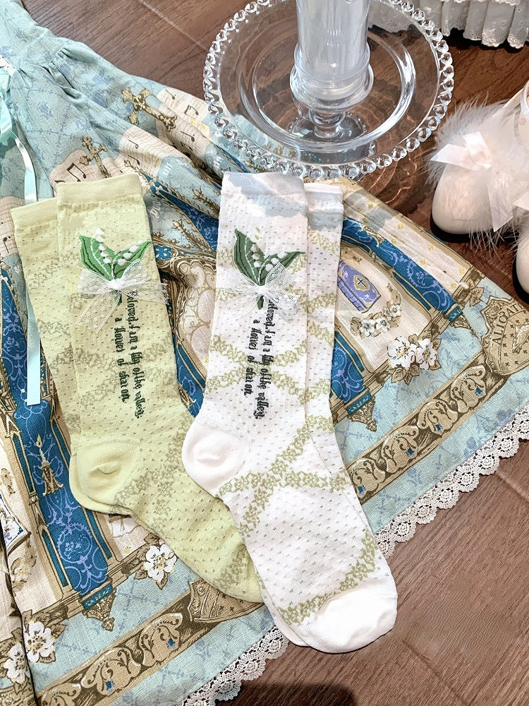 Of Pattern Lily And White/Green Bowknot Valley Calf The Socks Lace