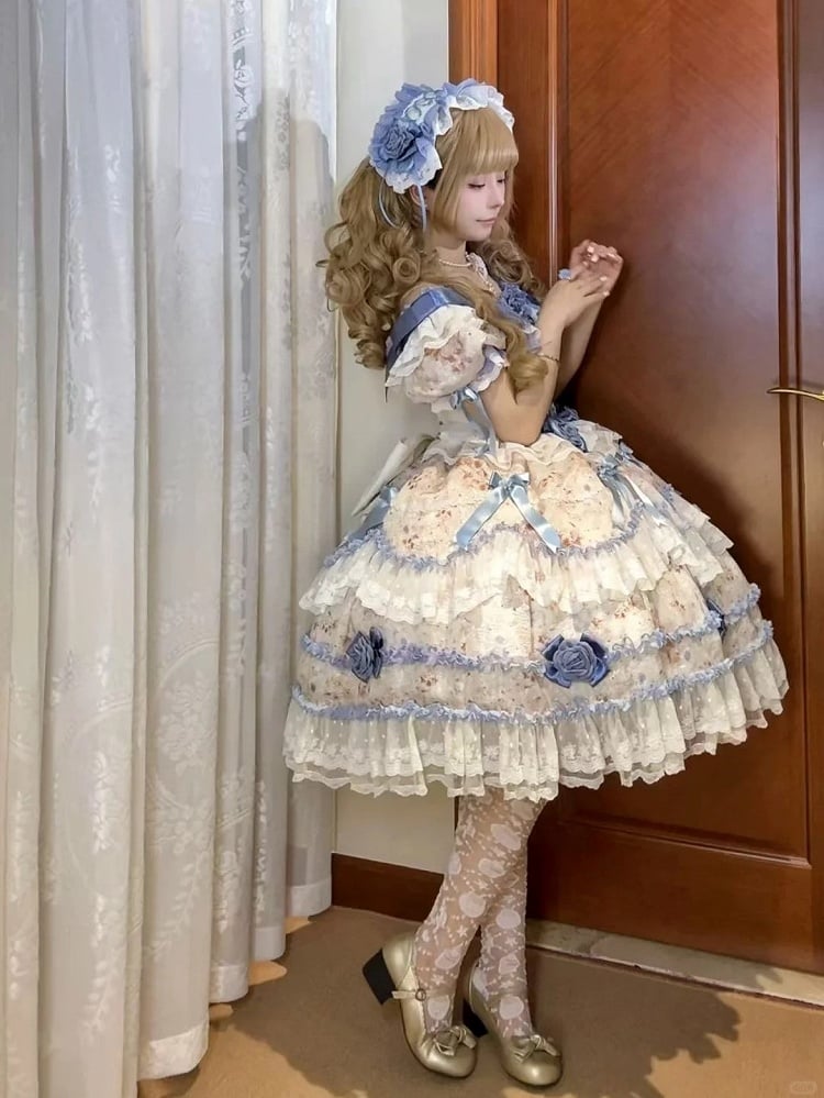 Puffy Rose Dress Hime with Lolita Accents Blue Multi-Layered Dark Ruffle