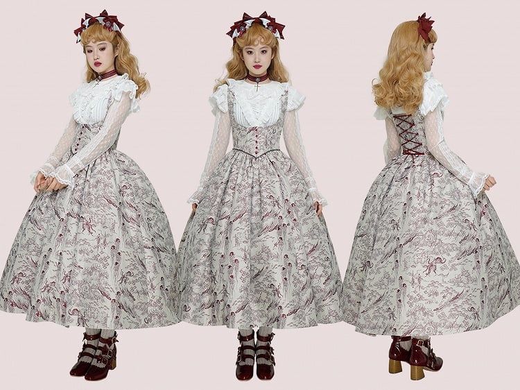 Under Skirt Lolita Wood Animals Red Boned Print Jumper Waist Bust Basque and