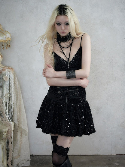 Black Double-Breasted Cami Dress with Sequin Details - NO ROMANCE