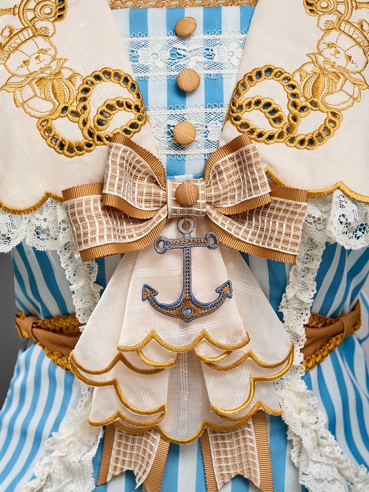 Sailor Bear Theme Striped Dress with Bow Embroidery - Twin Bear Original Design