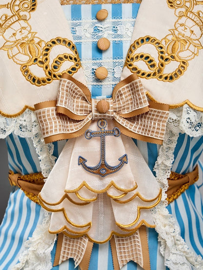 Sailor Bear Theme Striped Dress with Bow Embroidery - Twin Bear Original Design