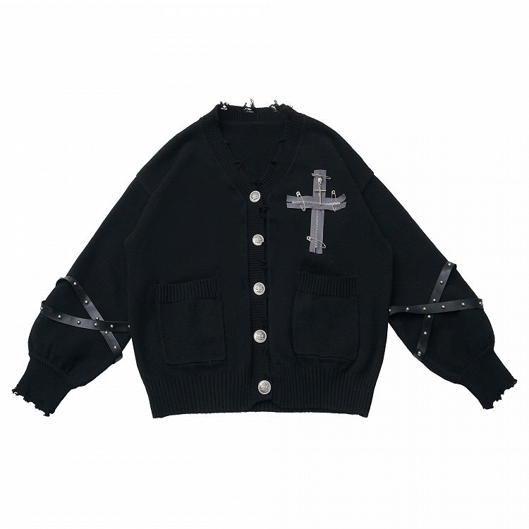 Black Cross Detachable Sleeves Cardigan Knit Criss-cross with