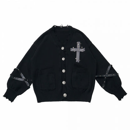 Black Cross Detachable Sleeves Cardigan Knit Criss-cross with