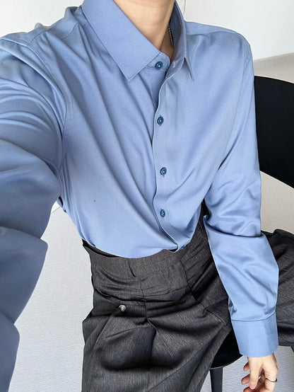 Ouji Long Collar Modal with Flat Unisex Shirt Dusty Blue Sleeve Cuffs Button Pointed Lolita