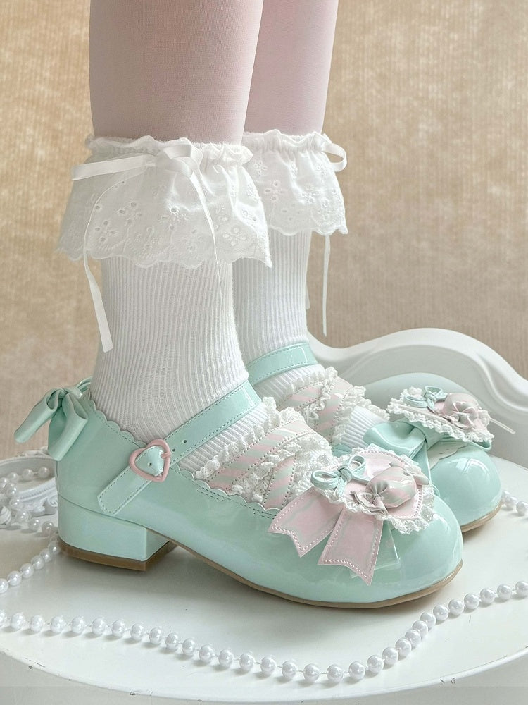 Green Leather Candy Clip PU Shoes Sweet Mint Low-heel Pink Heart with
