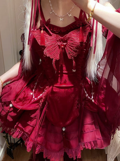 タッセル付きフェアリージャンパースリーブ、蝶のカスケード装飾スカート、赤いロリータフリル