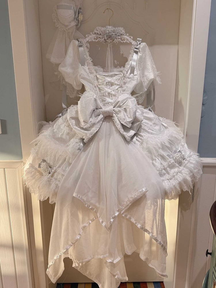Rose Bow Lolita White Feather-Adorned and with Hime Accents Dress