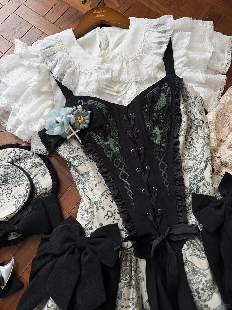 Green Forest Elegant with Print Animals Dress Lolita Bodice and Corset