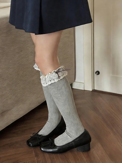 with Ribbon Cuffs Lace Ribbed Ruffle Stockings