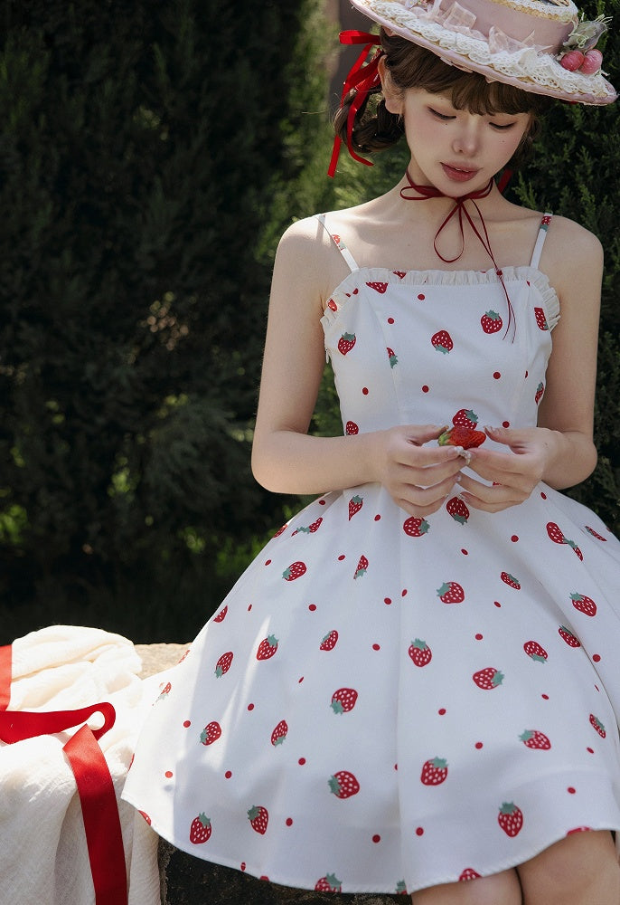 und weiß JSK süßes Kleid Polka Dots Sommer Lolita Erdbeere Sonne Druck