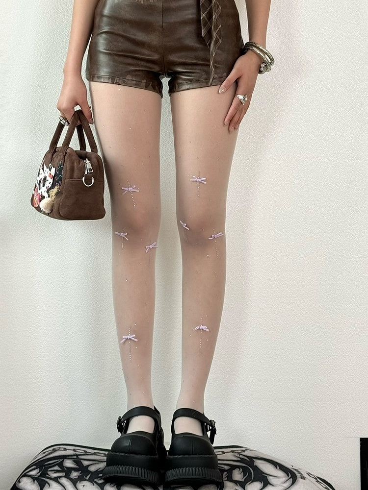 Rhinestone Decorated Bowknot Tights Details White/Purple/Pink