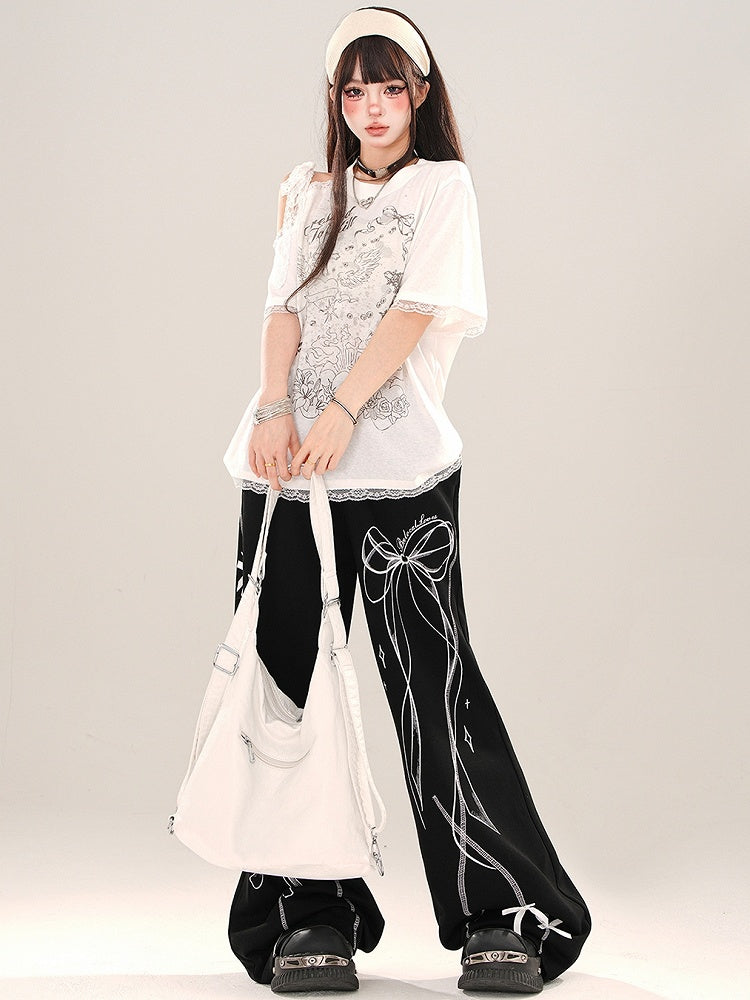 White Cutout Shoulder Lace Trim Loose Graphic T-shirt