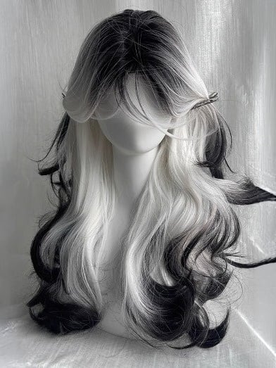 Black White Ombre Long Wavy Curly Wig with Curtain Bangs - Sleepy Fish