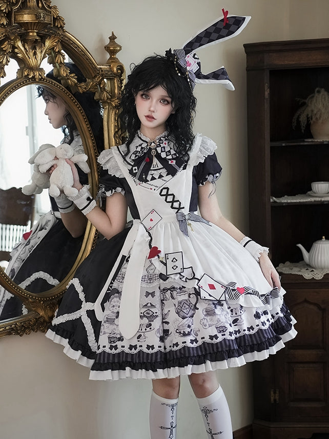 Sweet Lolita Apron Dress OP Full Set with Bunny & Teapot Print in Black and White - Ying Luo Fu