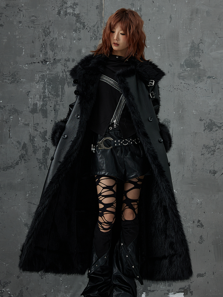 Buckles Metal Accents Fur Black Punk Coat Leather With Faux