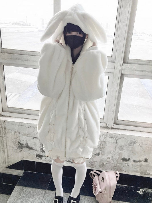 Coat Bow with Jirai Bunny-Ear Plush Hood Kei Lace-Up White