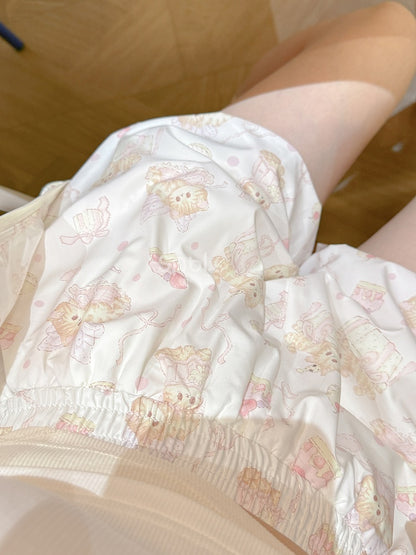Bubble Shorts Waist Print Beige Elastic Allover Kitty