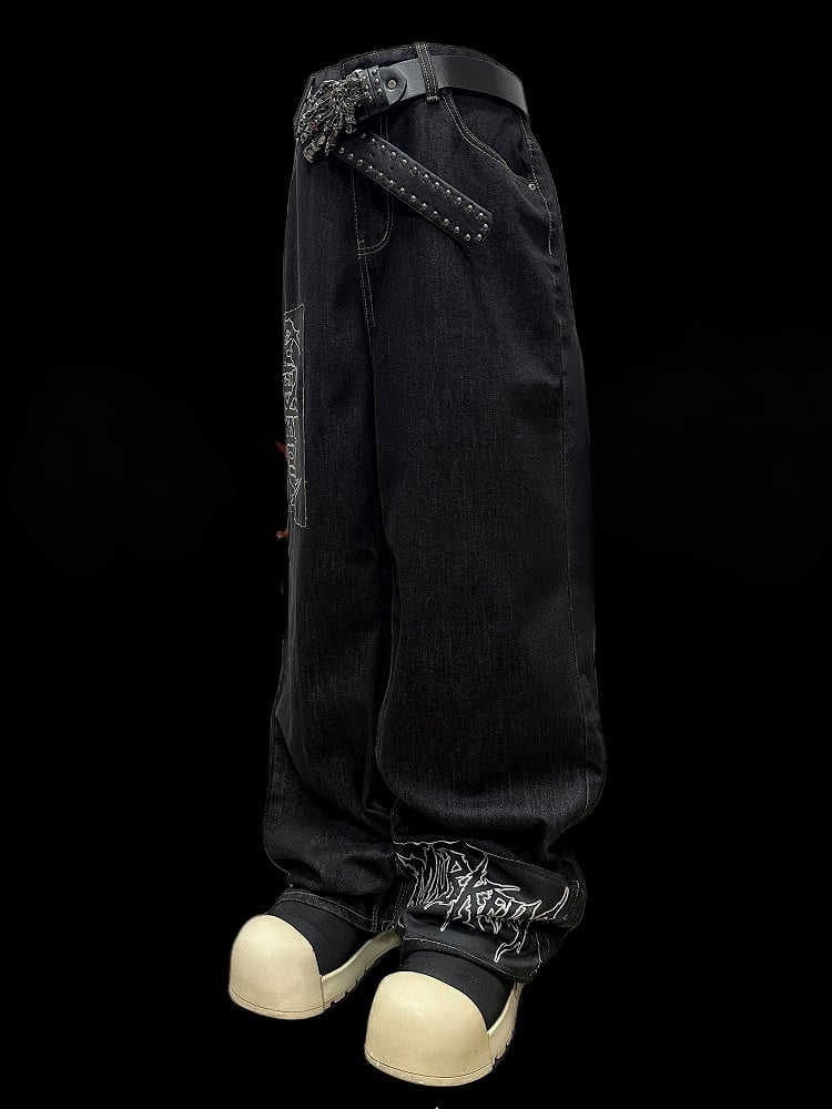 Dark Cut Applique Letter Jeans Blue Straight-leg