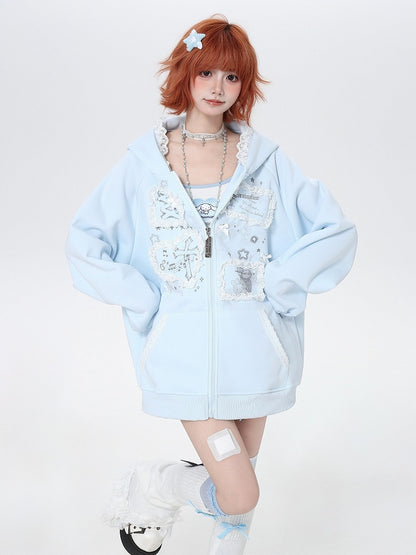 Blue Lace Trim Hoodie with Print - CRAZY GIRL