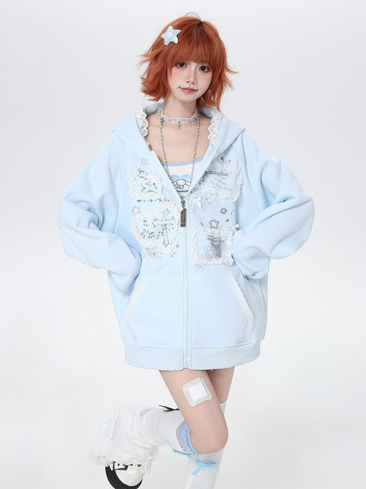 Blue Lace Trim Hoodie with Print - CRAZY GIRL