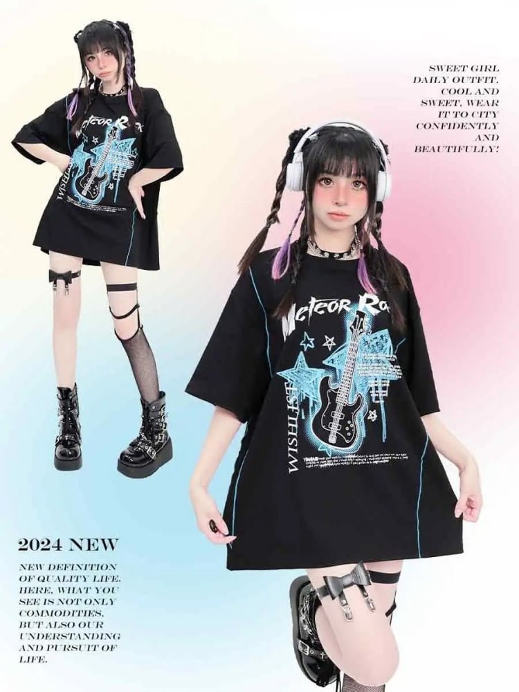 ブラックギターとスタープリントのパンクTシャツ