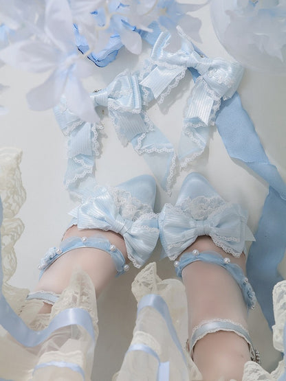 Satin Blue Flower & Bead 8cm Heels Lolita Shoes - Wind Bell Island