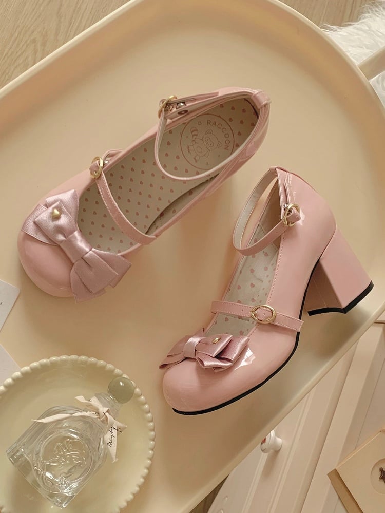 High PU Janes Mary Bow Lolita Elegant Pink Heel Block Heart-Adorned -