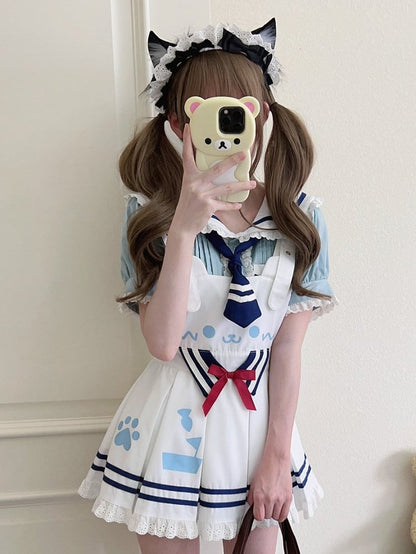 Skirt with Kawaii Pleat White Design Box Overall
