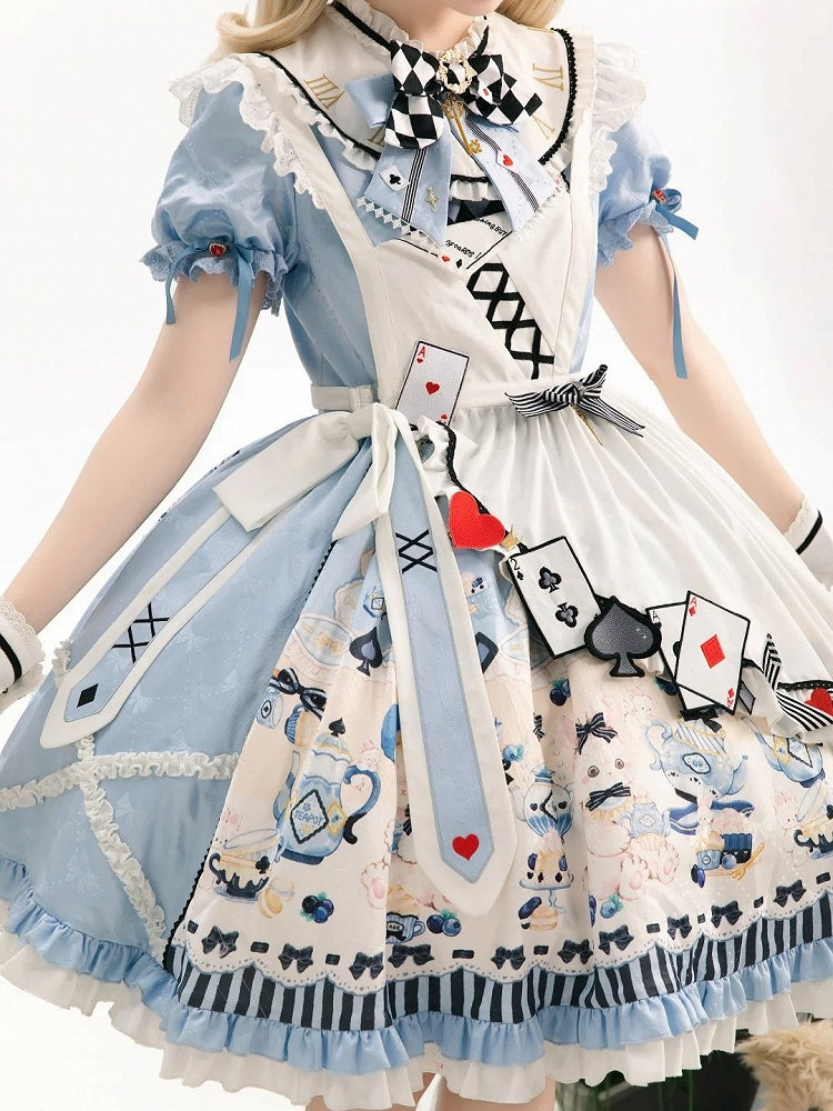 Sweet Lolita Apron Dress OP Full Set with Bunny & Teapot Print in Blue - Ying Luo Fu