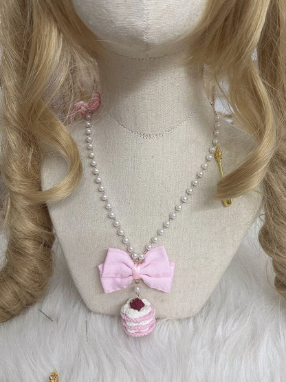Mini Bow Lolita Sweet and Cake Necklace Pink with Pendant